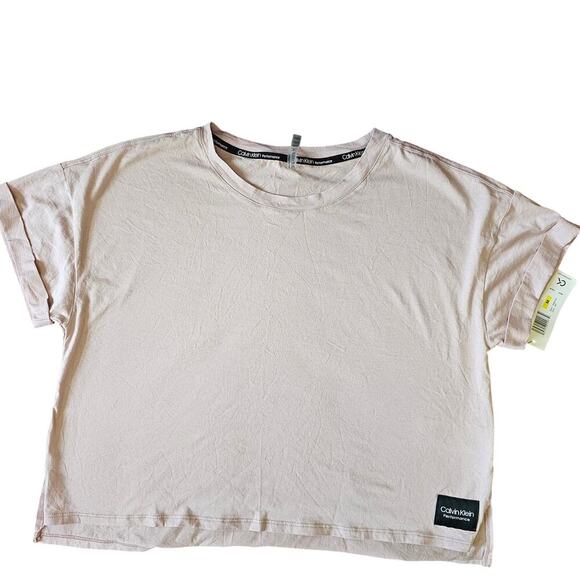NWT Calvin Klein Performance Women's Beige Short Sleeve Cropped Shirt Size M - Picture 1 of 6